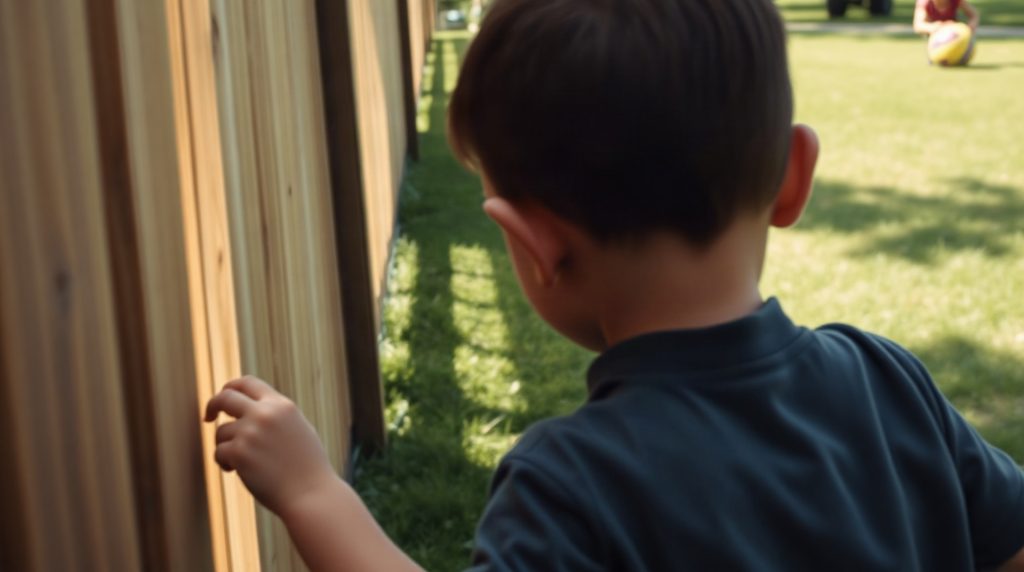 Enfant devant une clôture regardant son ballon dans le jardin voisin