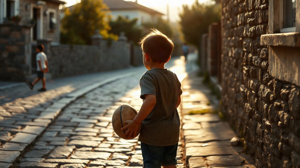 Enfants jouant au ballon dans une cour résidentielle