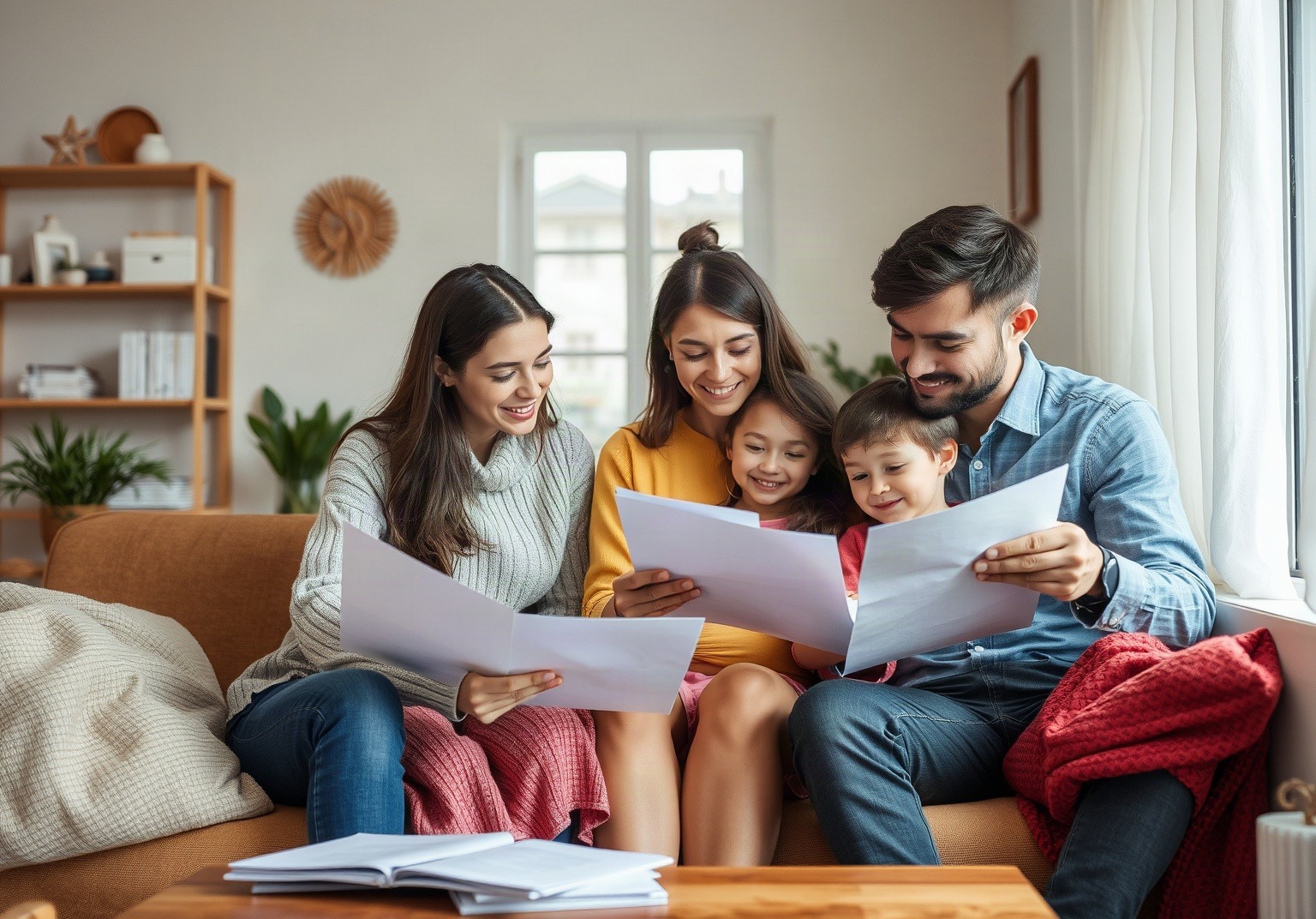 Famille consultant des documents de cotation de logement social à domicile