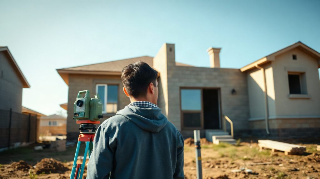 Géomètre mesurant la hauteur d'une maison en construction