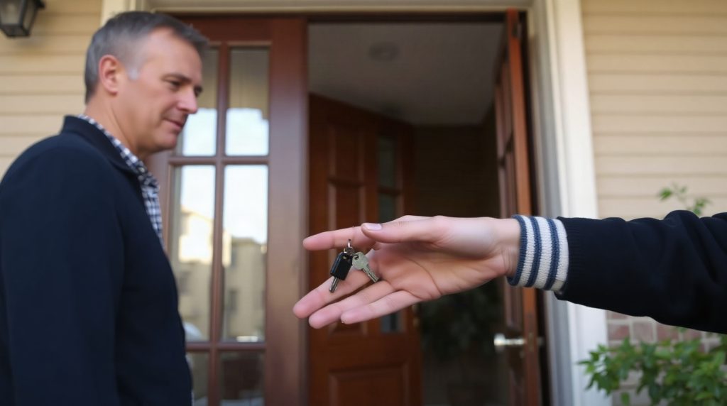 Locataire remettant des clés à un sous-locataire devant un immeuble résidentiel