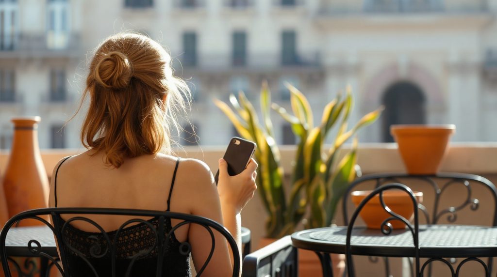 Personne consultant des annonces d'occasion sur smartphone dans un café espagnol