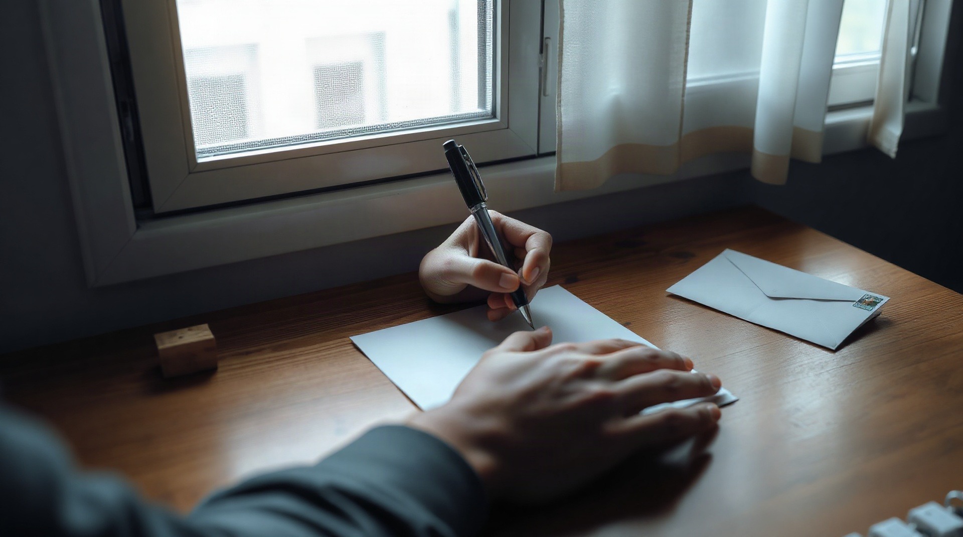 Personne rédigeant un courrier recommandé à son bureau