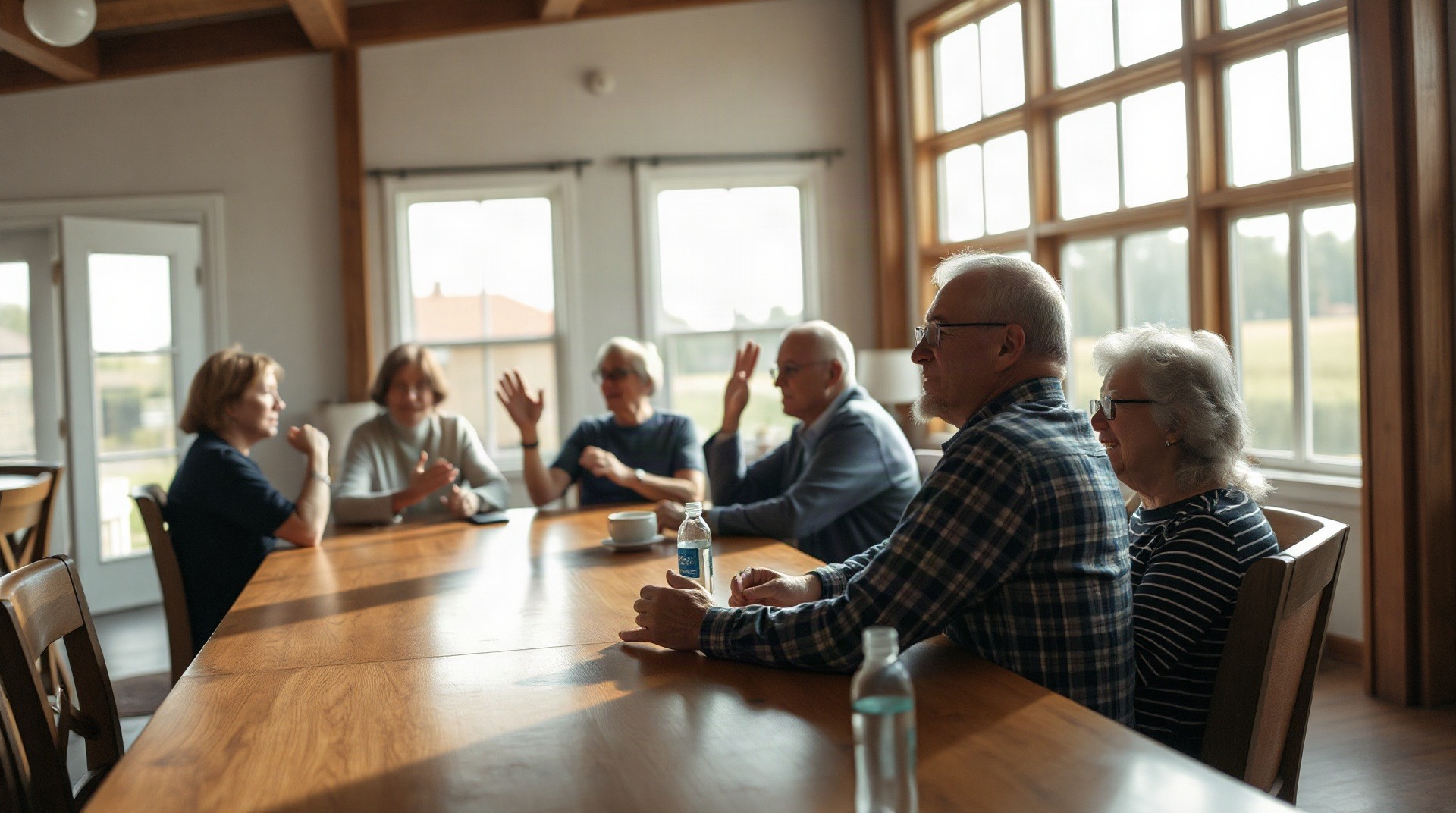 Propriétaires de maisons réunis autour d'une table lors d'une assemblée générale de coprop