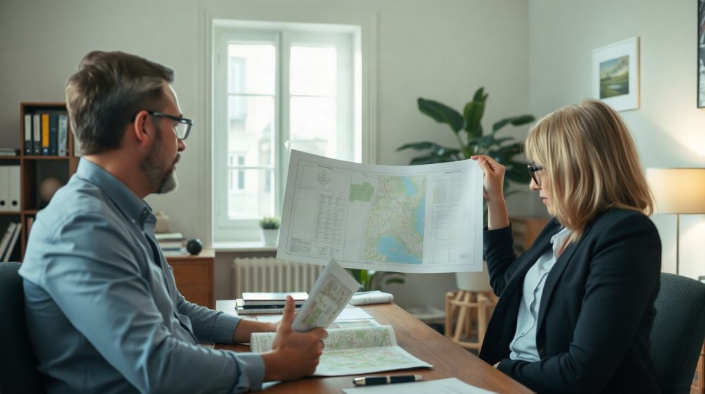 Agent immobilier présentant un plan cadastral à un client dans un bureau