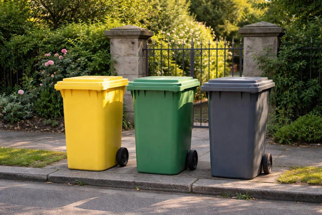 Bacs de collecte sur le trottoir devant une maison