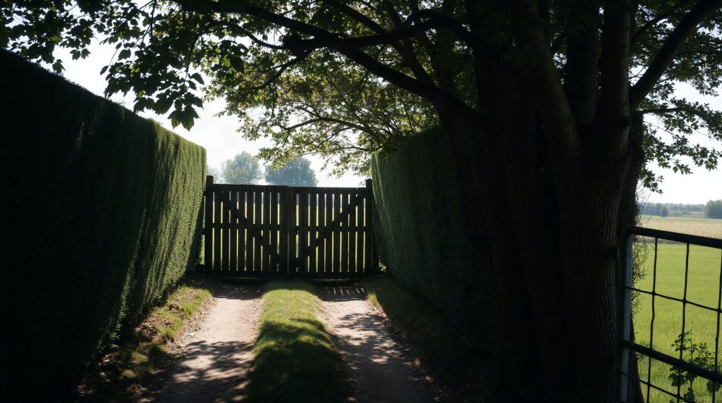 Chemin privé en milieu rural avec barrière et panneau d'interdiction