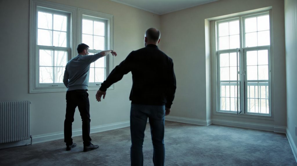 Locataire visitant un appartement HLM avec un agent bailleur social