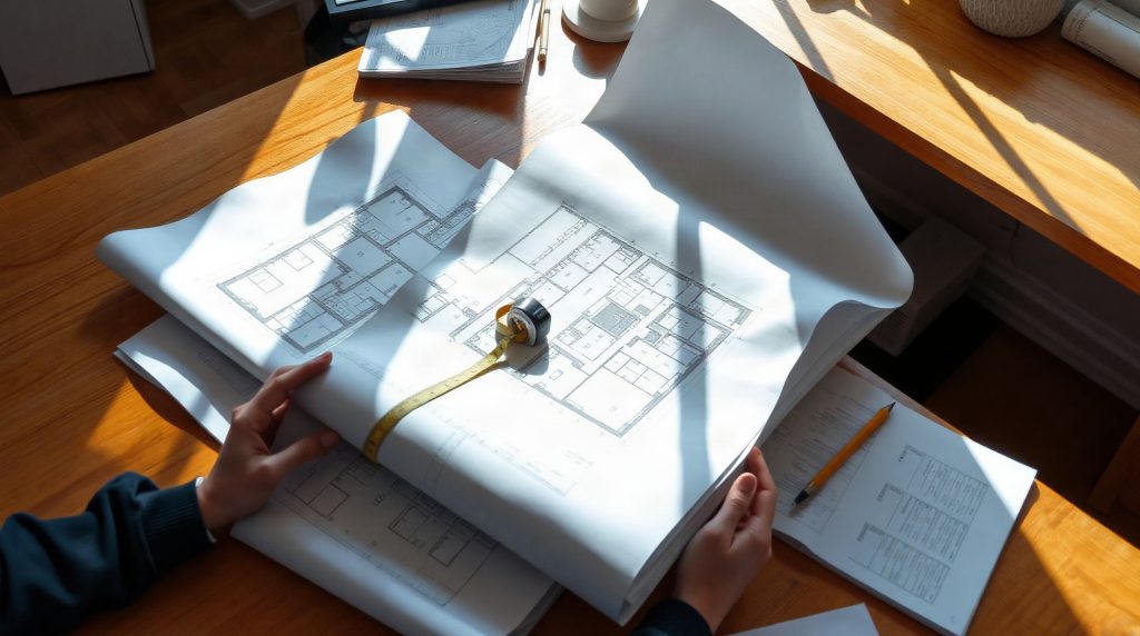 Permis de construire posé sur des plans architecturaux