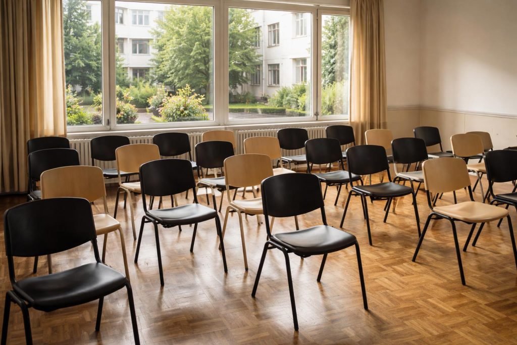 Syndic présentant un dossier de prêt collectif à des copropriétaires lors d'une assemblée générale
