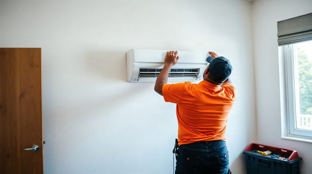 Technicien installant une unité intérieure de climatisation dans une chambre