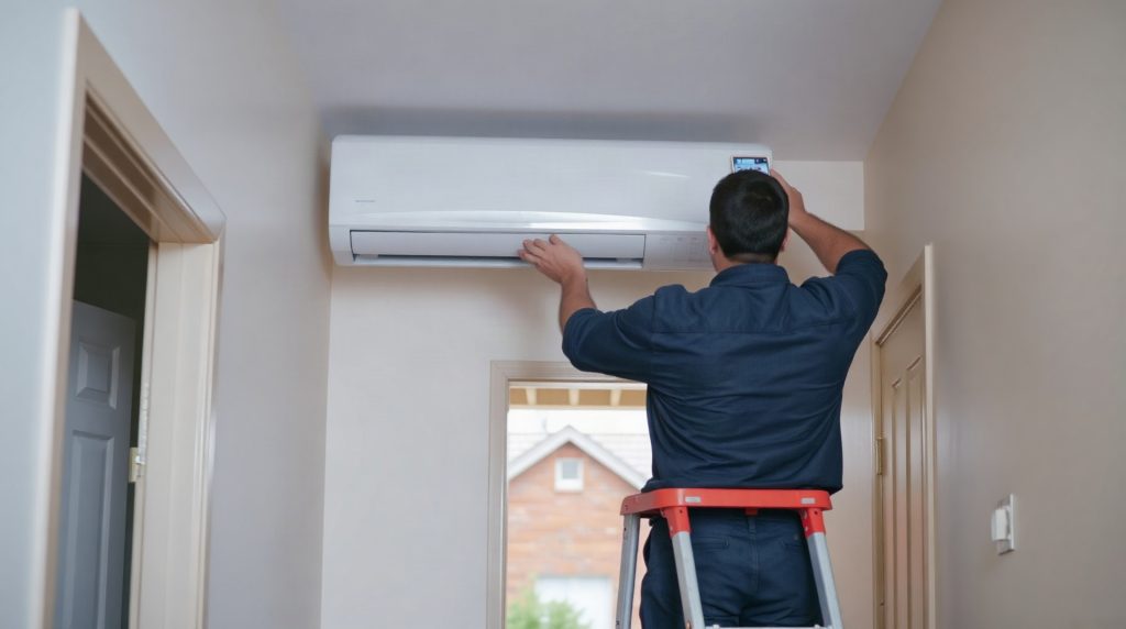Technicien installant une unité intérieure de split dans un couloir d'appartement